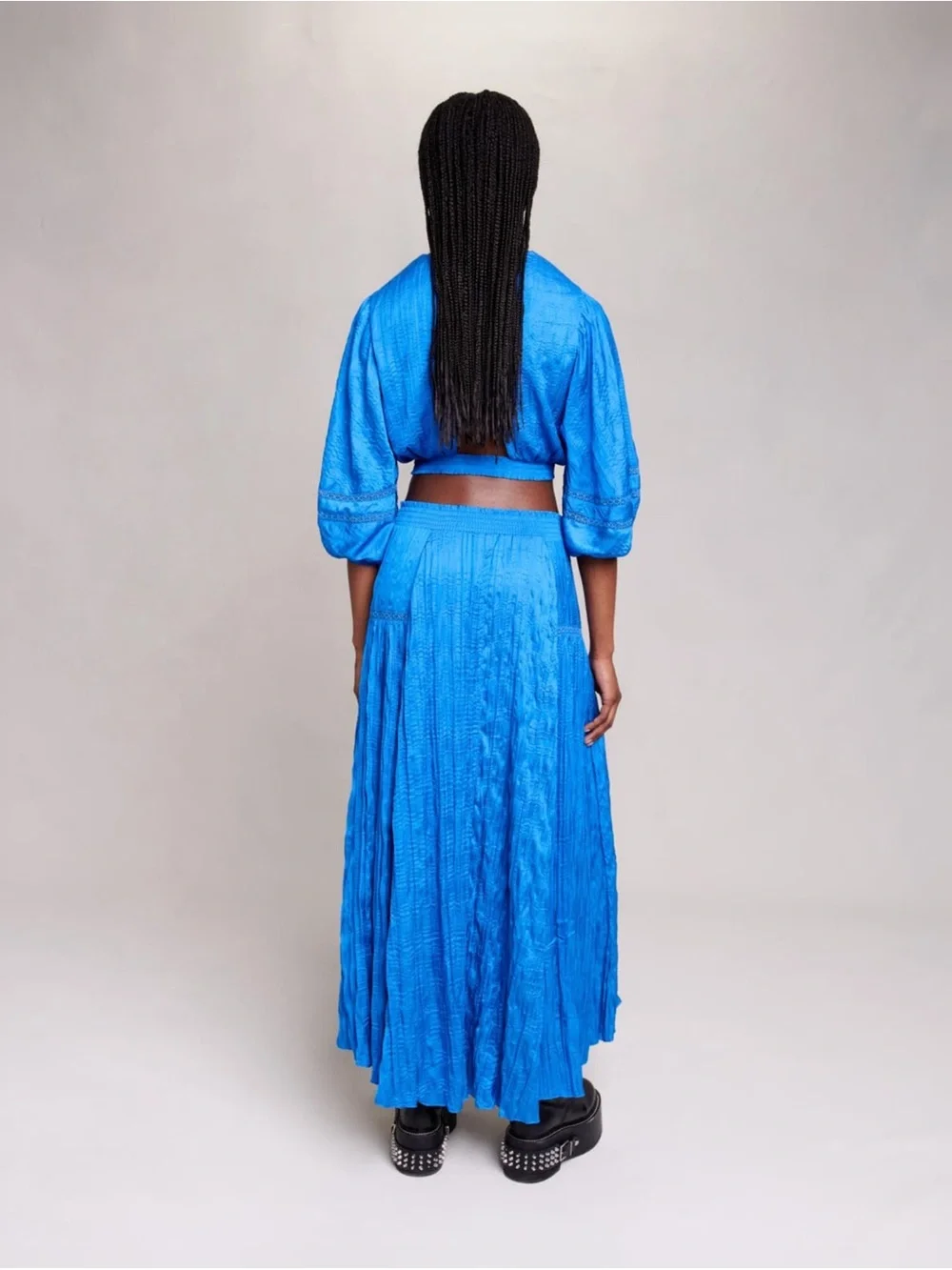 Maje Satin Effect Pleated Blue Midi Skirt